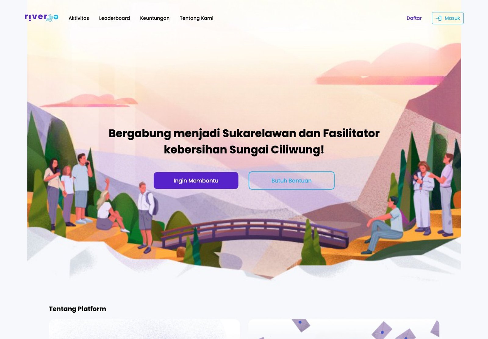 Riverse home page with the headline inviting visitors to join as a volunteer or facilitator for the Ciliwung clean-up, over an illustration of volunteers by a river