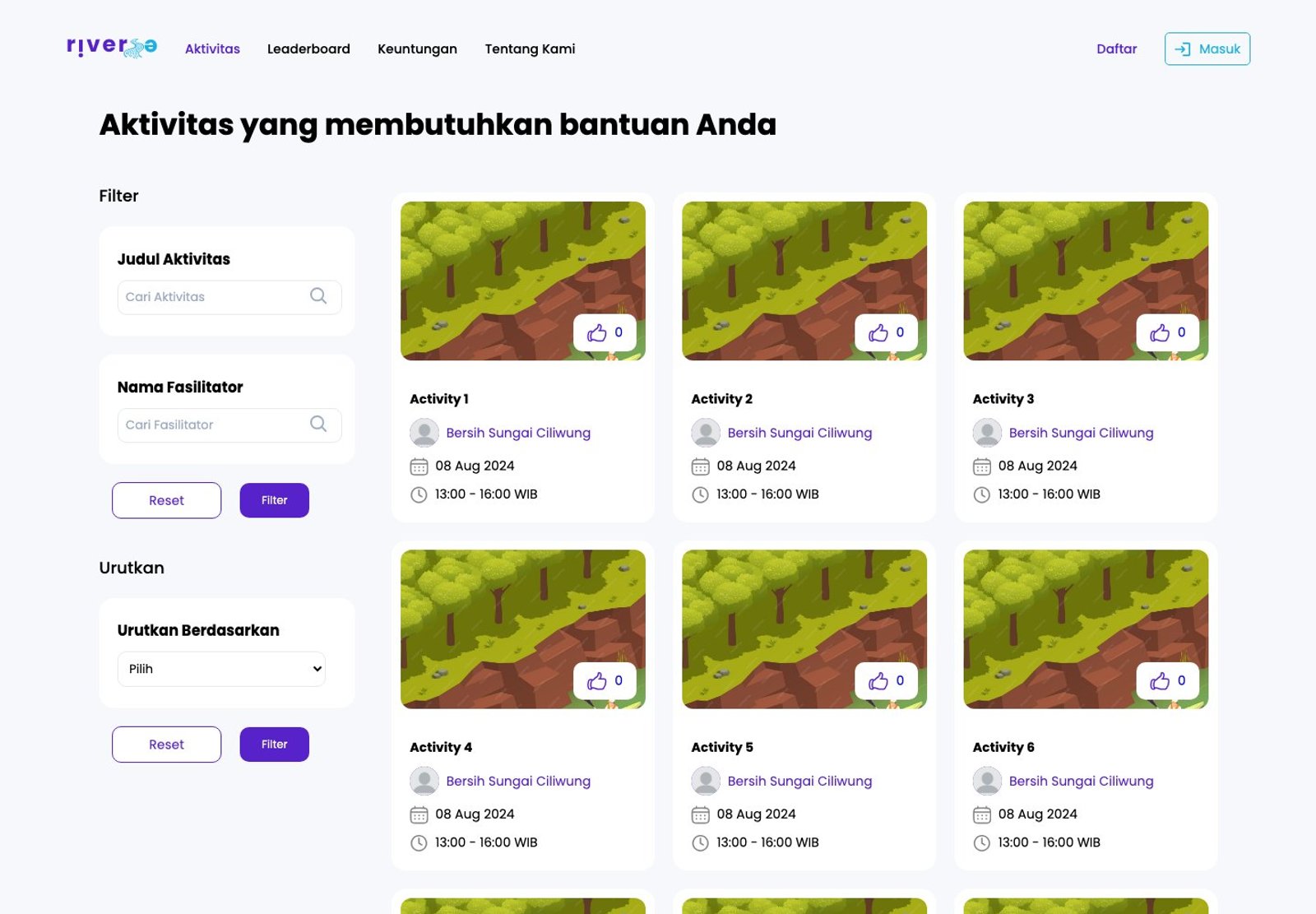 Riverse activities page with search and sort filters on the left and a grid of clean-up activity cards showing host, date, time and like count