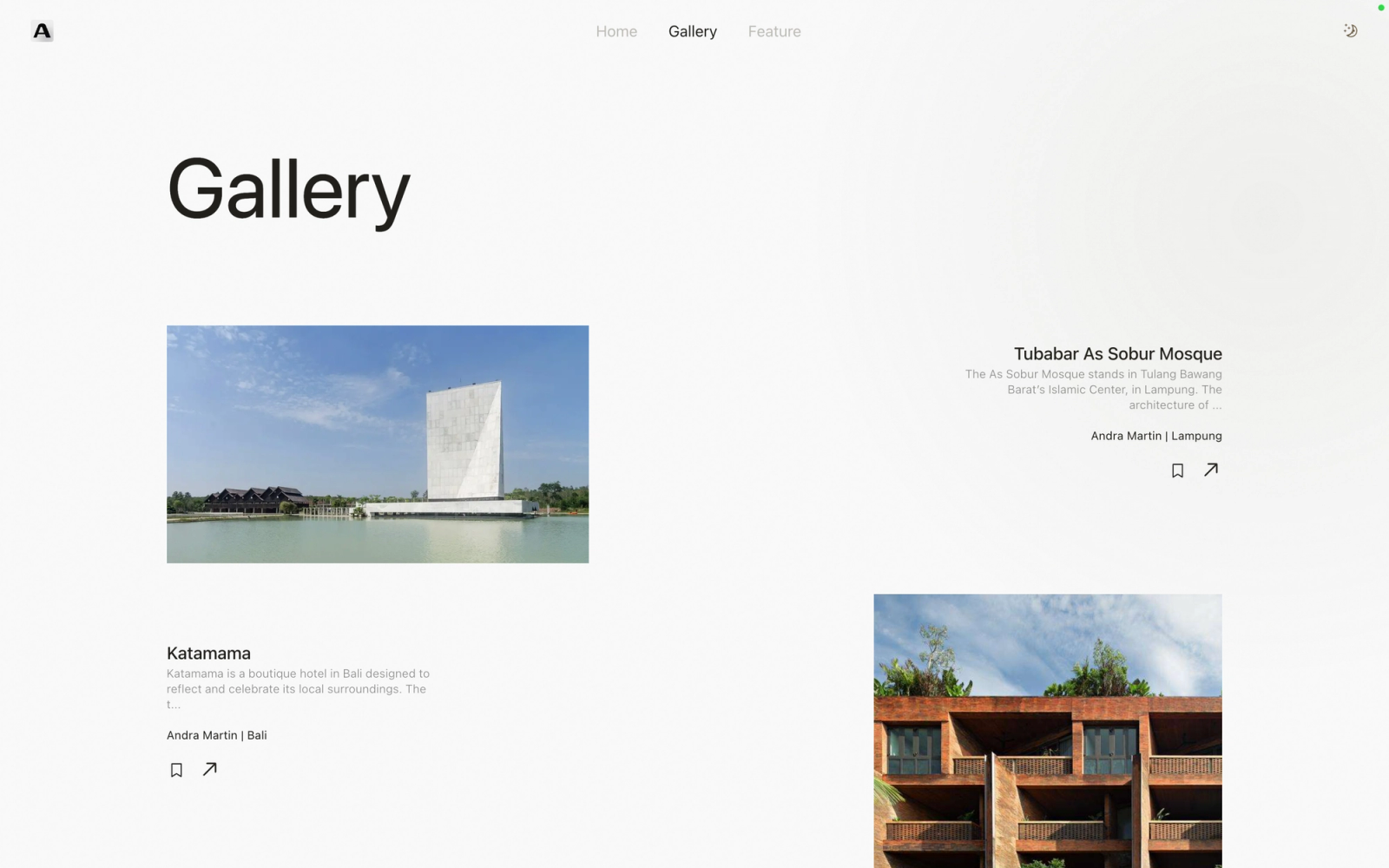 The Arseektek gallery page, where projects alternate left and right with the architect and city under each title