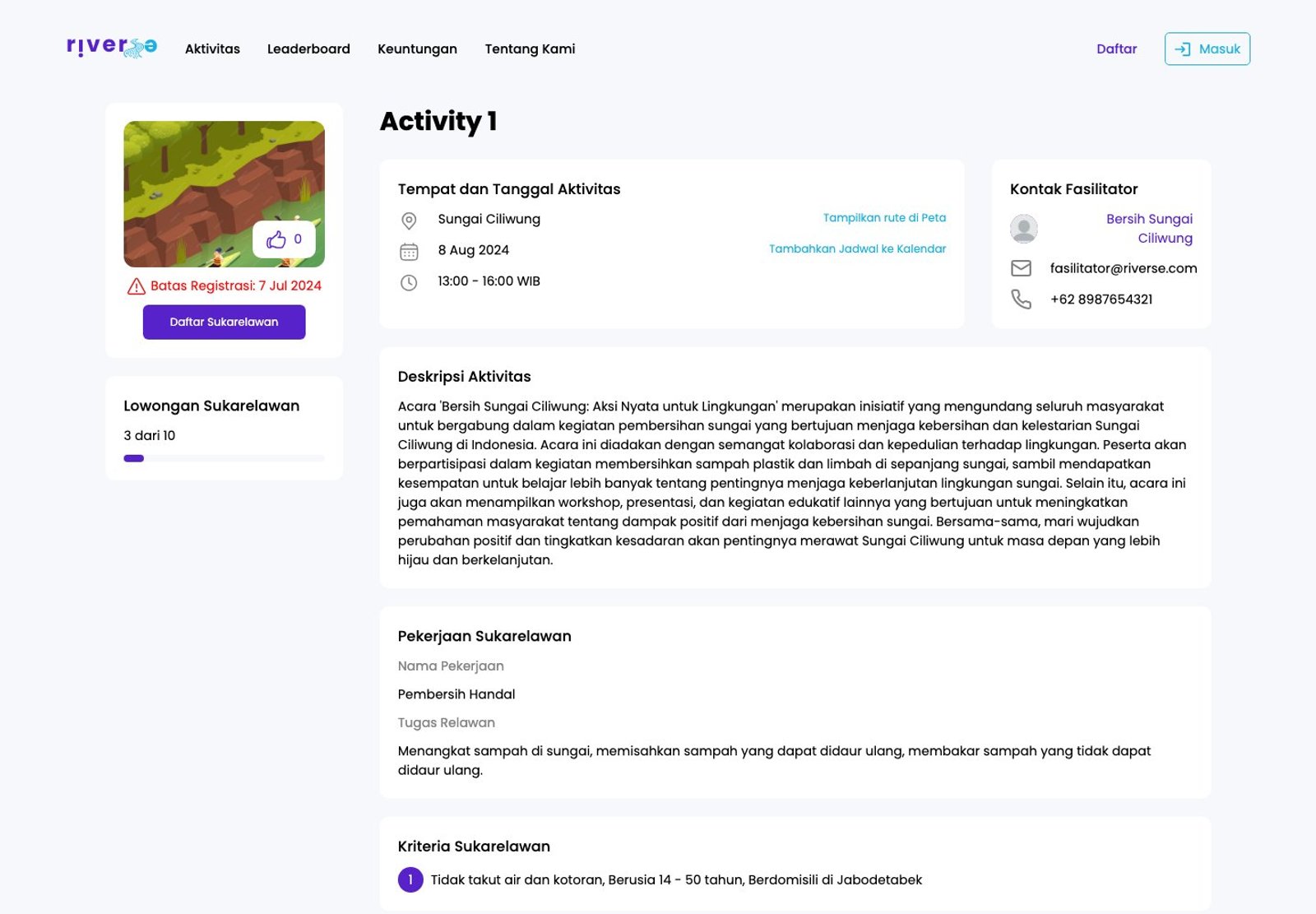 Riverse activity detail page showing the registration deadline, volunteer quota of 3 of 10 filled, location and time, host contact and the activity description