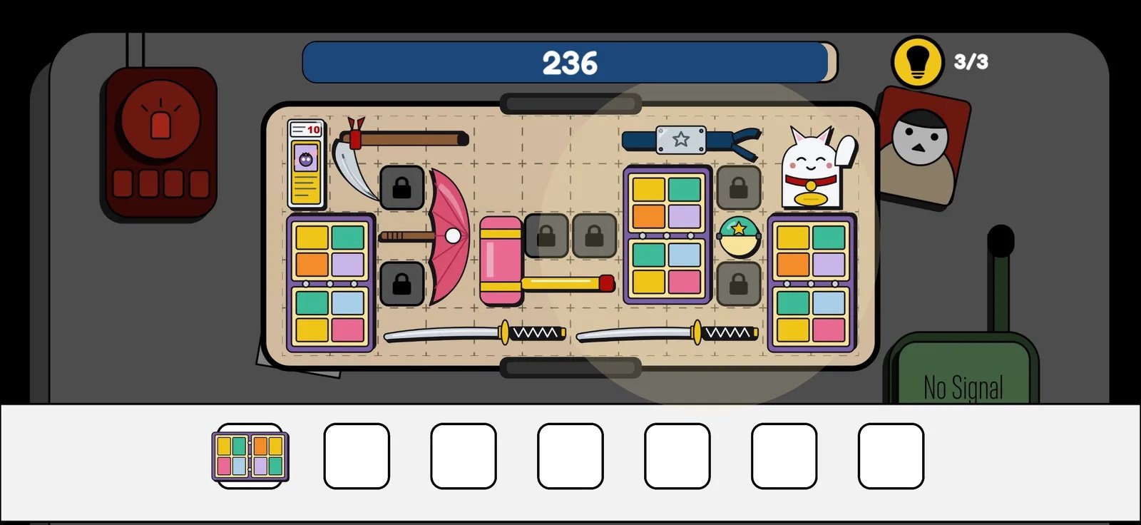 Level 11, Senpai's Card Shop, nearly packed with card binders, katanas, a paper umbrella and a lucky cat