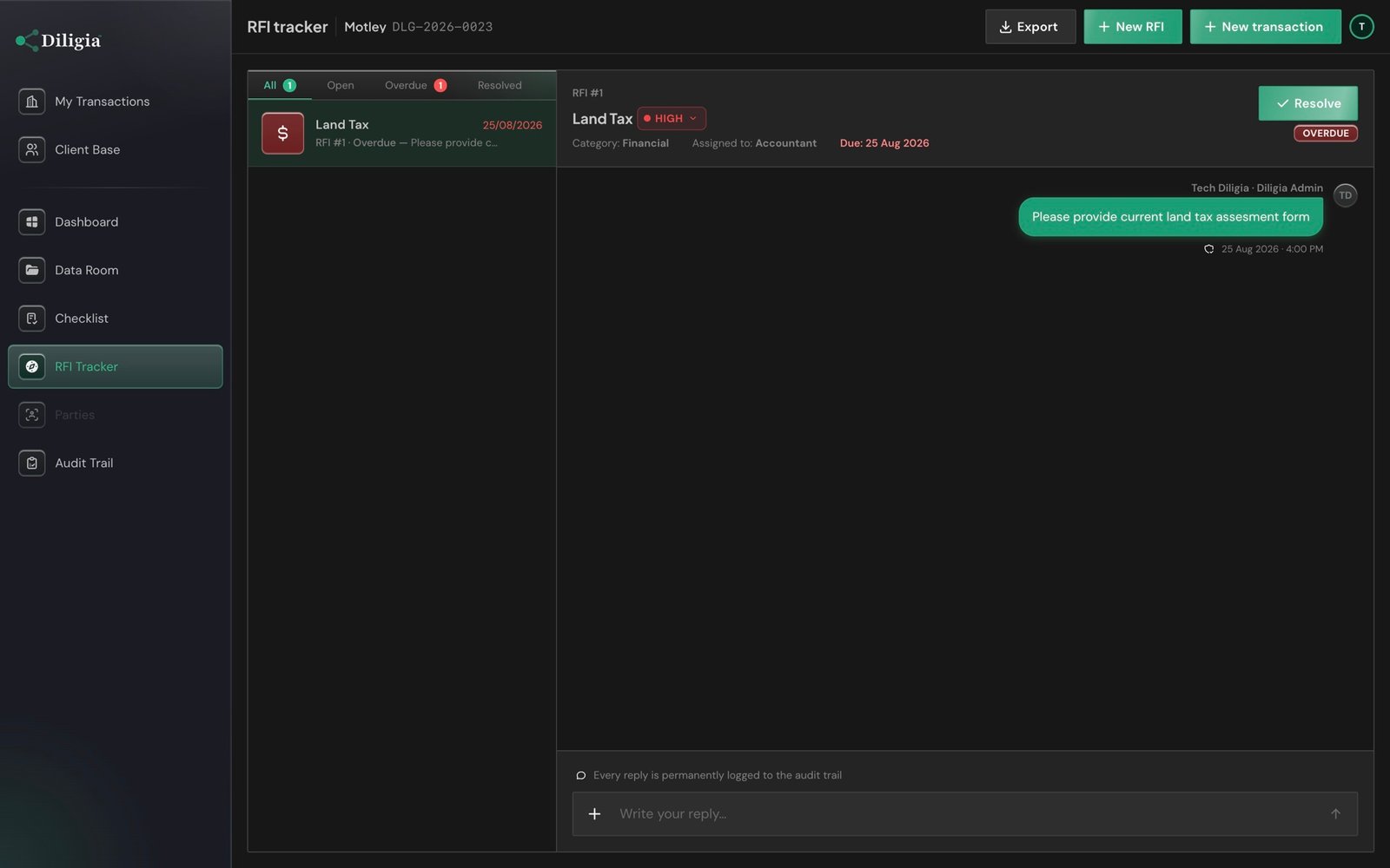 Diligia RFI tracker with an overdue high-priority land tax request assigned to the accountant, open in a thread