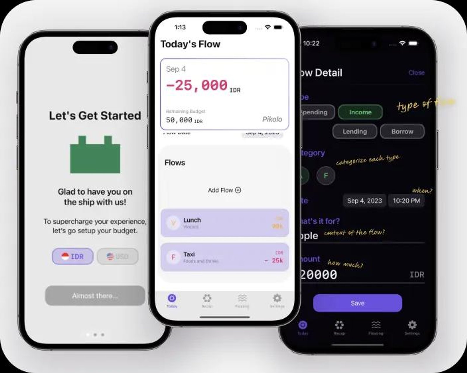 Three iPhone screens from Pikolo: the currency picker during setup, the Today's Flow screen with the day's total and remaining budget, and the Flow Detail entry form in dark mode