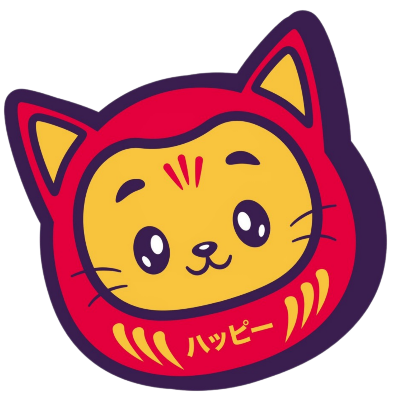 Mizuee mascot, a smiling yellow cat face inside a red daruma doll shape with the Japanese word for happy written at the bottom