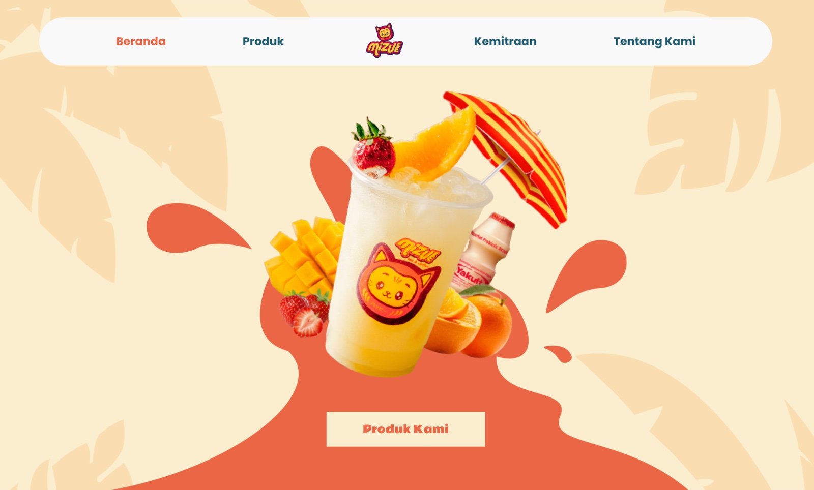 Mizuee homepage hero with a fruit drink in a branded cup on a coral splash, surrounded by mango, strawberries and oranges, under the site navigation