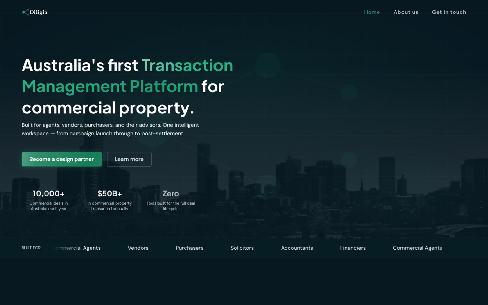 Diligia marketing site hero with the headline Australia's first Transaction Management Platform for commercial property over a Melbourne skyline