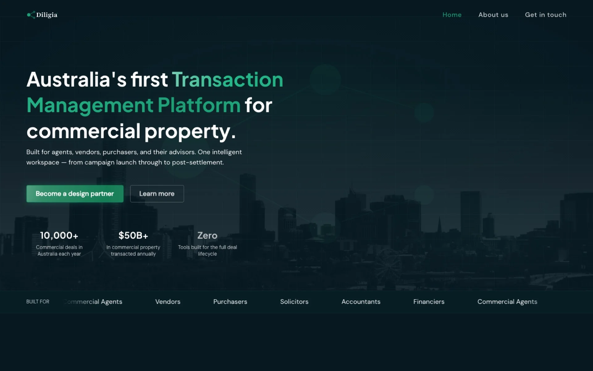 Diligia landing page with the headline Australia's first Transaction Management Platform for commercial property
