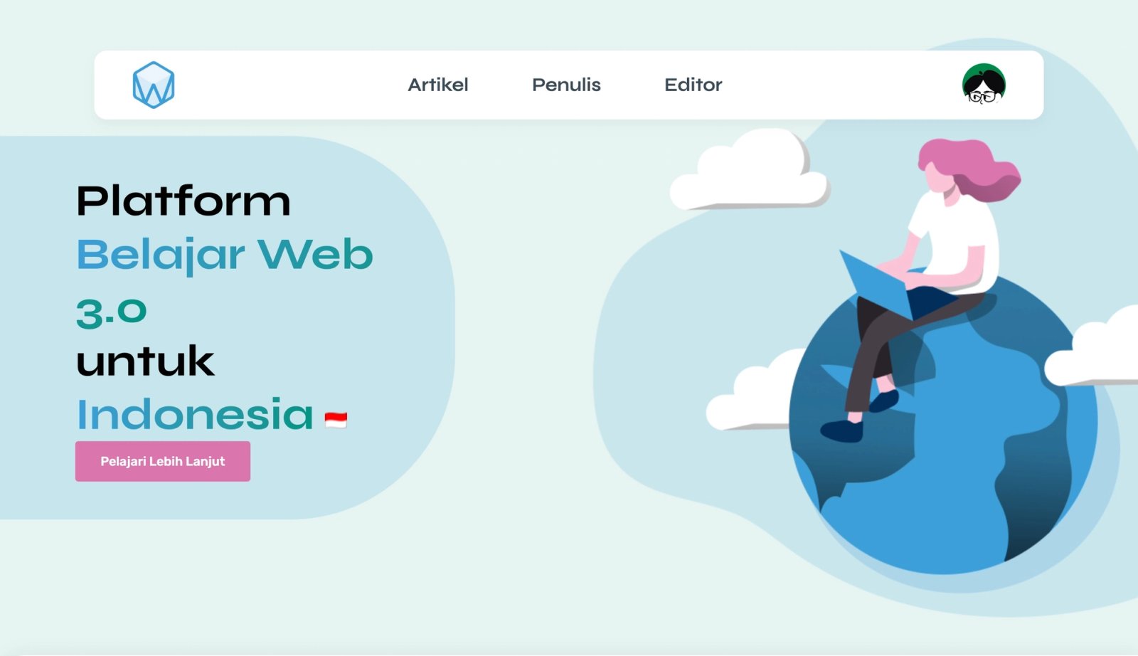 W3B Scholar landing page hero with the headline "Platform Belajar Web 3.0 untuk Indonesia", an illustration of a developer working on a laptop on top of a globe, and a signed-in navigation bar with Artikel, Penulis and Editor links