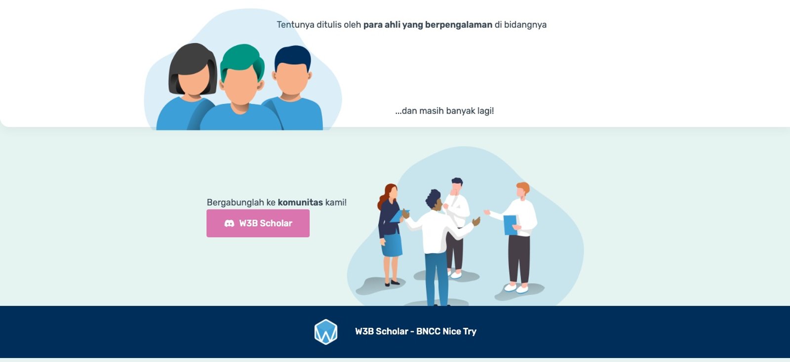 The bottom of the W3B Scholar landing page with an illustration of three authors, a community invitation with a pink button, and the navy footer