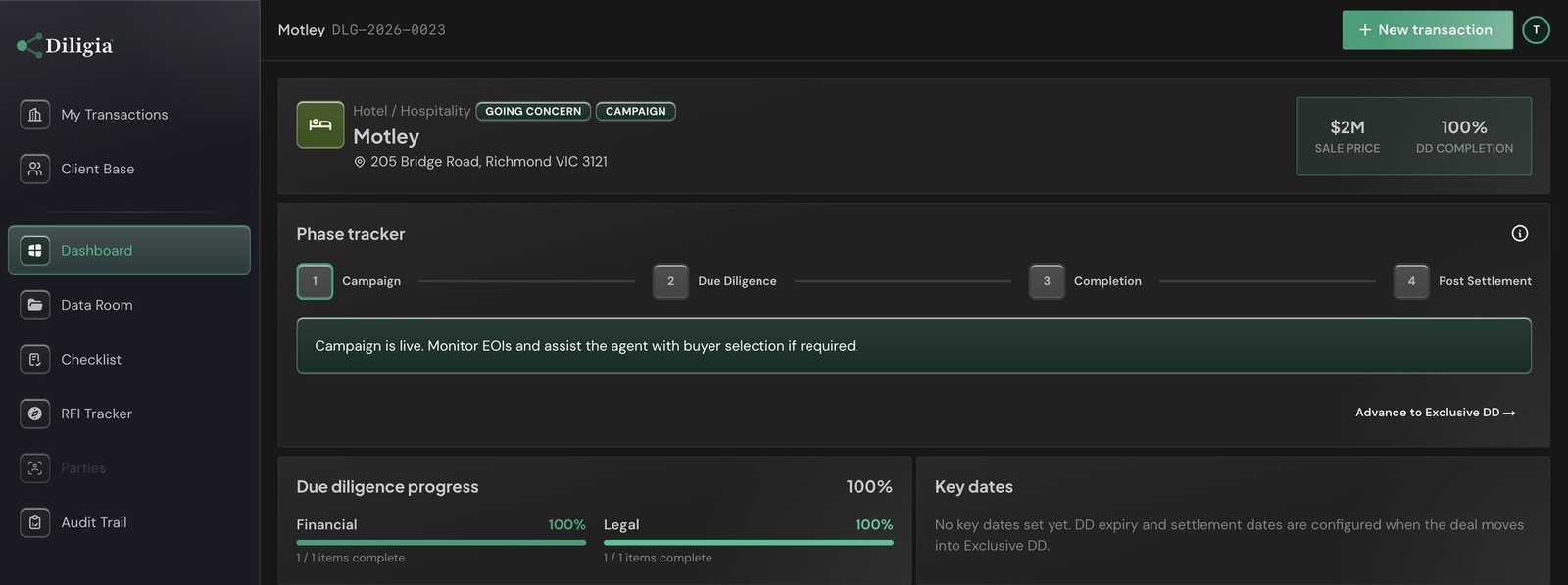 Diligia deal dashboard for a hotel in Richmond with a four-phase tracker, 100 percent due diligence completion and key dates