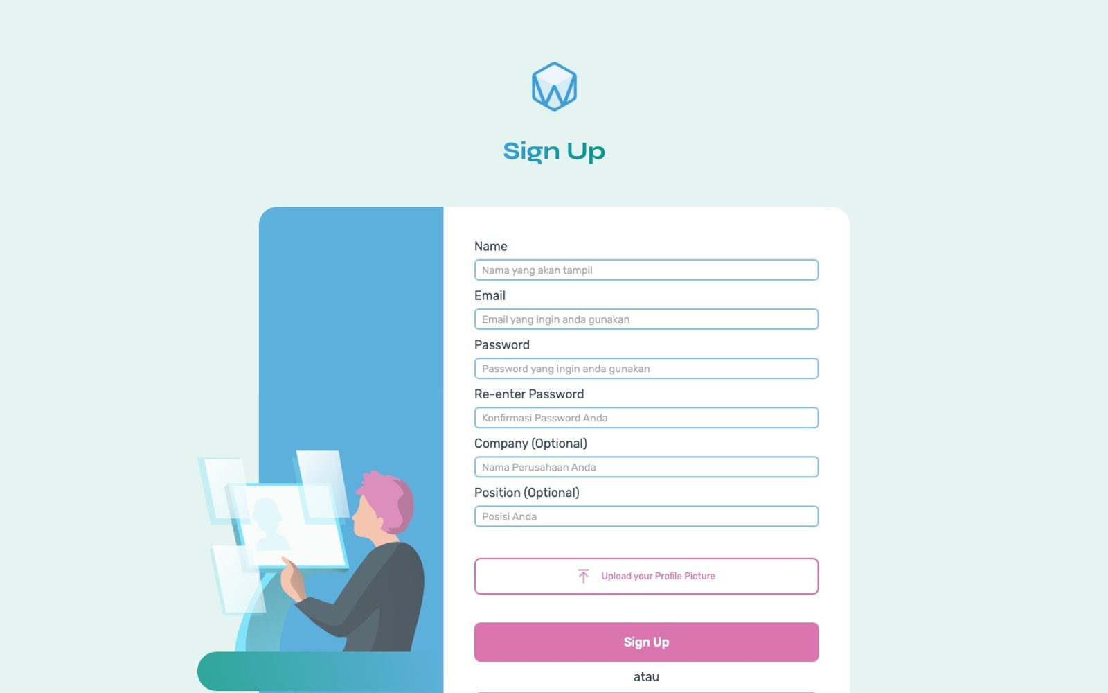 The W3B Scholar sign-up page with fields for name, email, password, optional company and position, a profile picture upload and a pink Sign Up button beside an illustration
