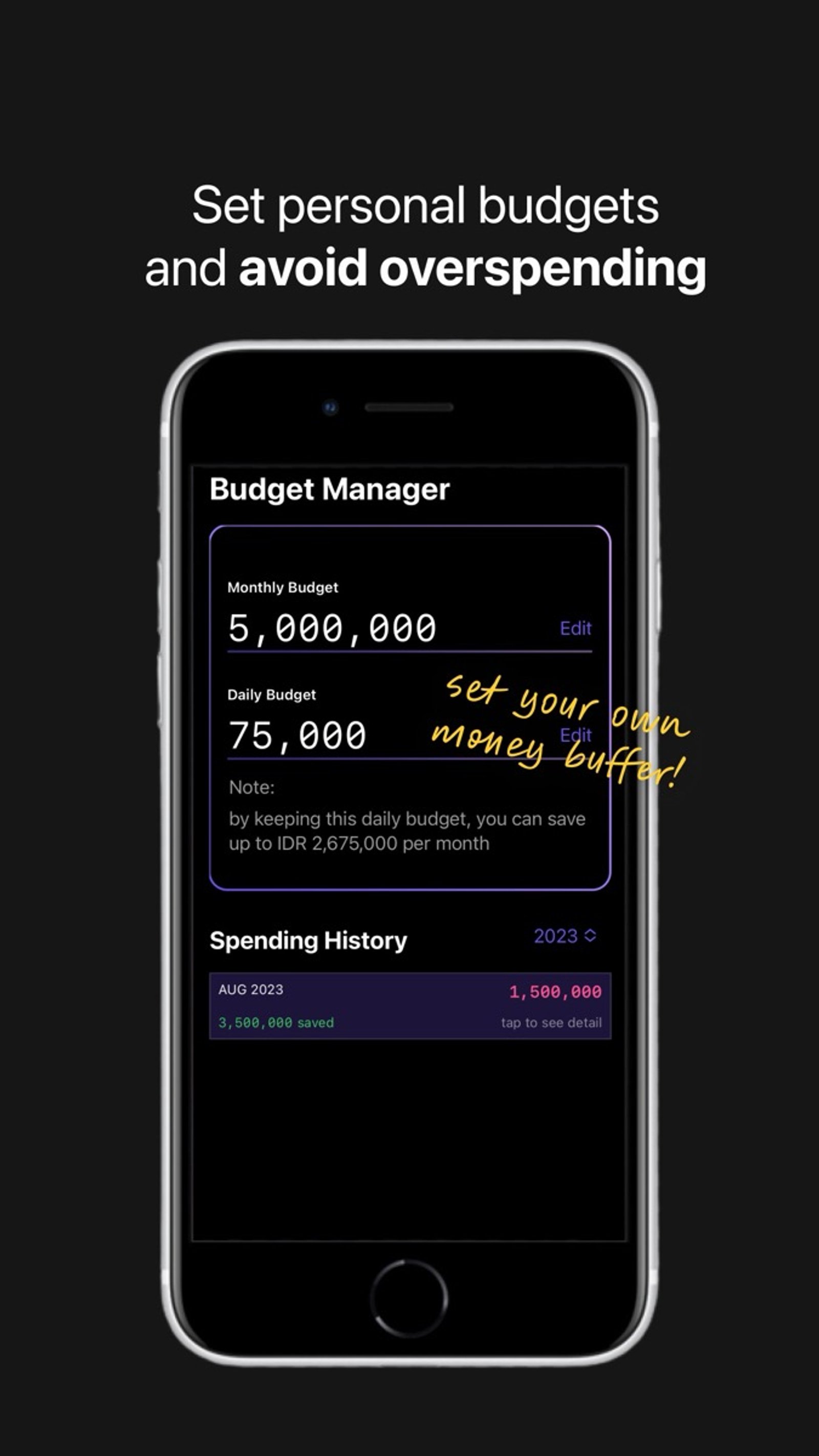 Pikolo's Budget Manager with a monthly budget, a daily budget, a projected monthly saving and the spending history for August 2023