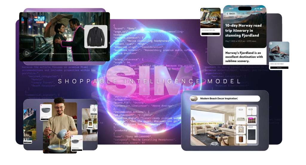 SIM (Shoppable Intelligence Model) is the intelligence layer that turns text, images, video, and metadata into verified products, live pricing, product identifiers, and commerce-ready data for custom digital experiences.