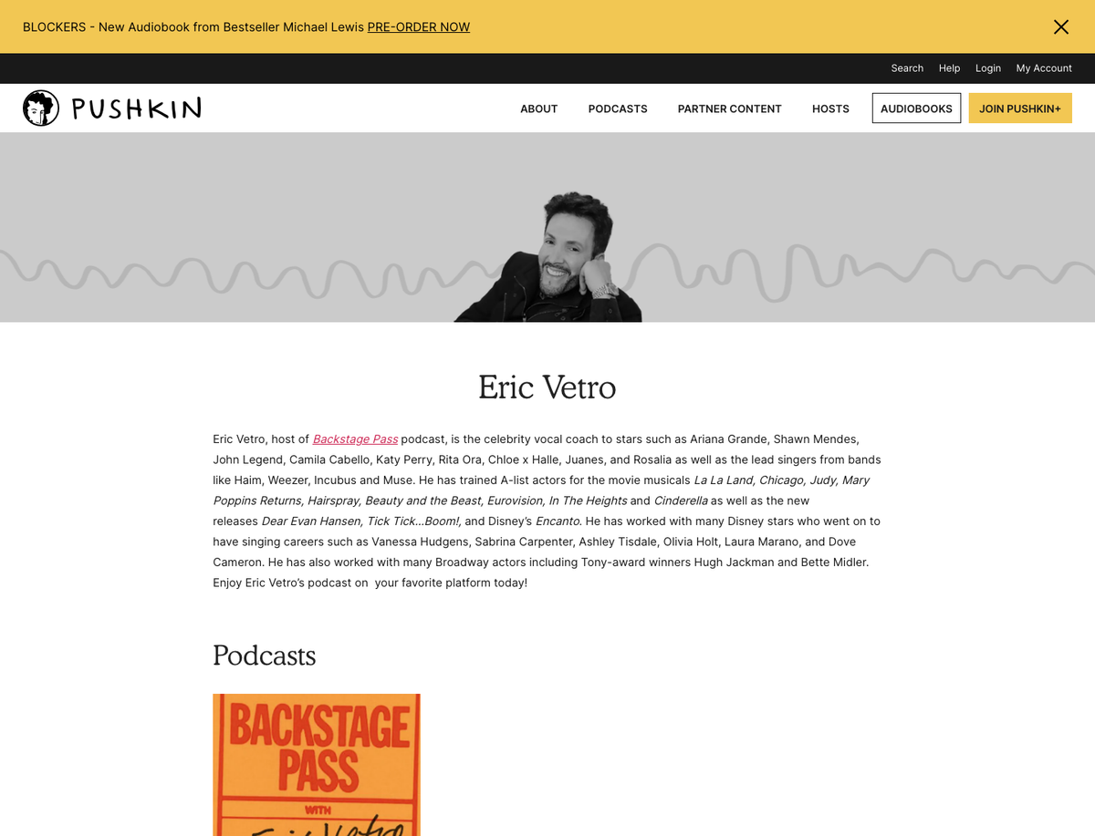 Screenshot of Eric Vetro profile on Pushkin Industries