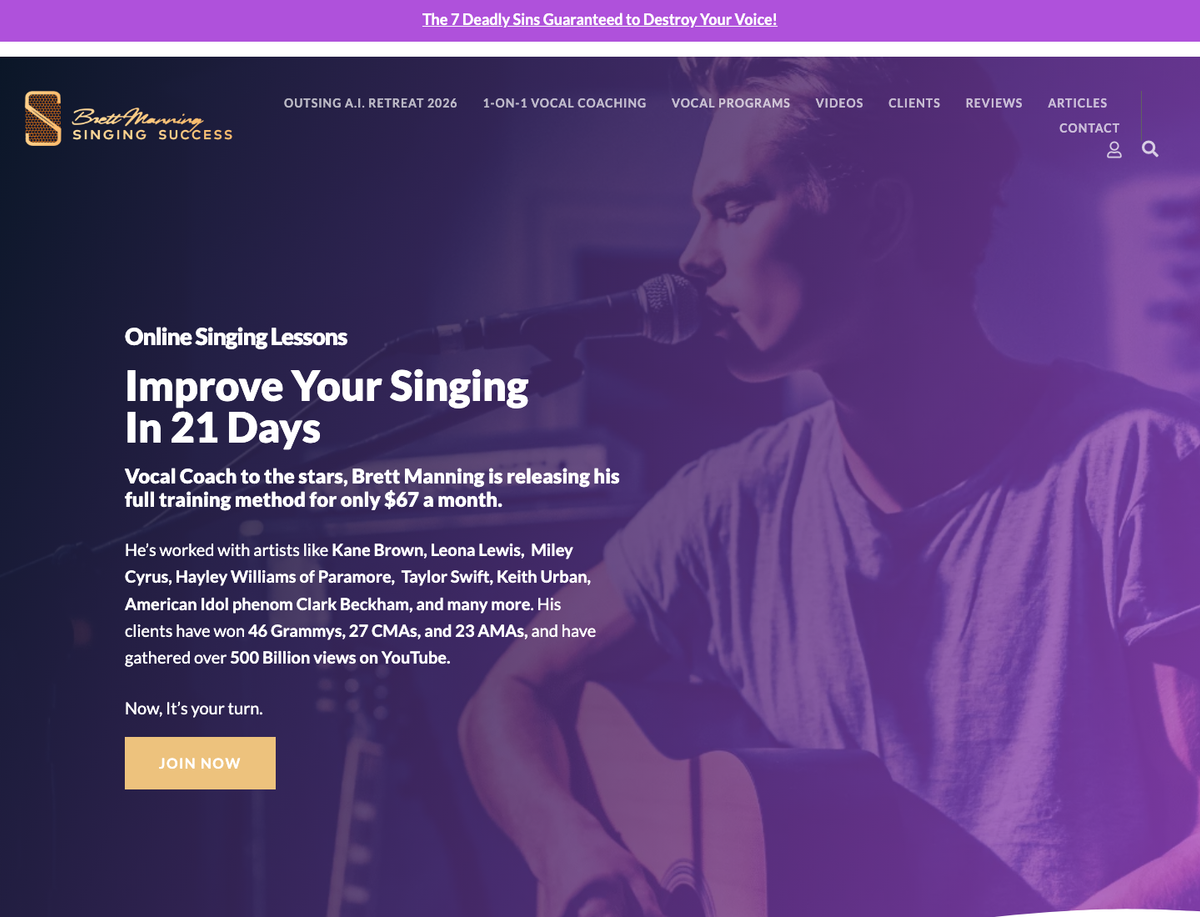 Screenshot of Singing Success website