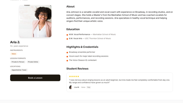 Screenshot of Take Sessions Aria Johnson profile