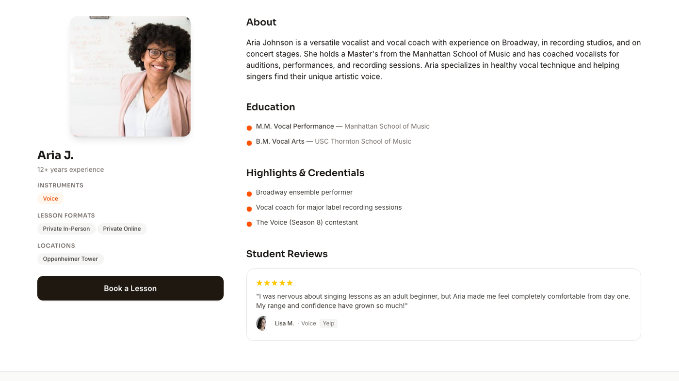 Screenshot of Take Sessions Aria Johnson profile