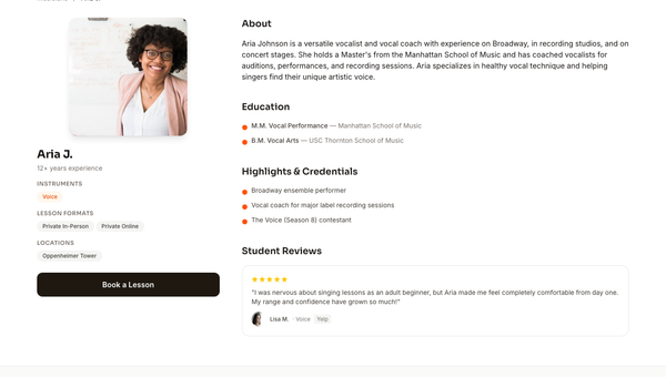 Screenshot of Take Sessions Aria Johnson profile