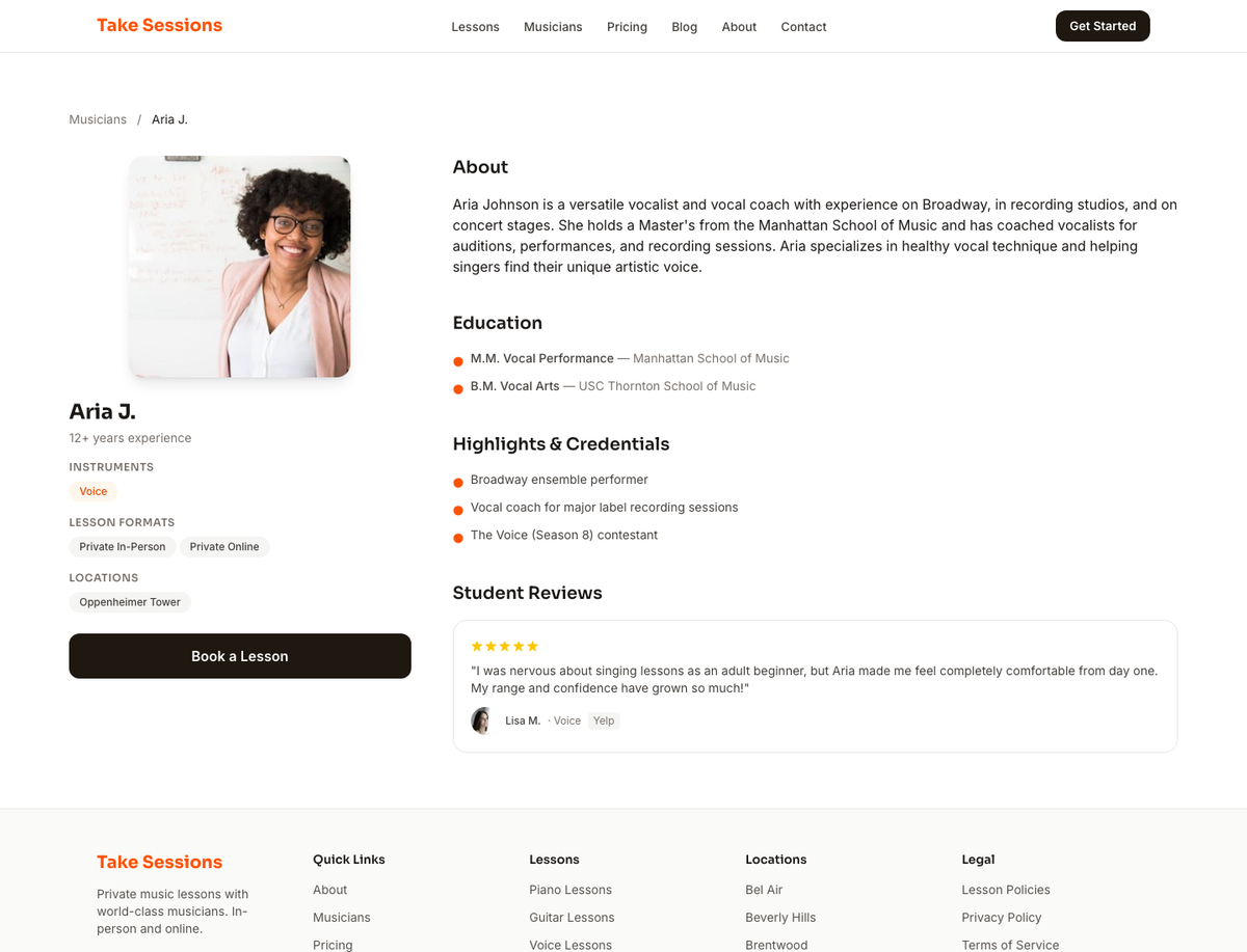 Screenshot of Take Sessions Aria Johnson profile
