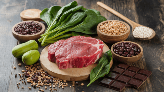 A selection of iron-rich foods on a table