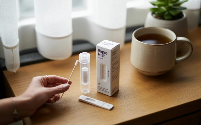A hand holding a swab next to a COVID/Flu rapid test kit on a table with tea and natural light, illustrating easy home testing.