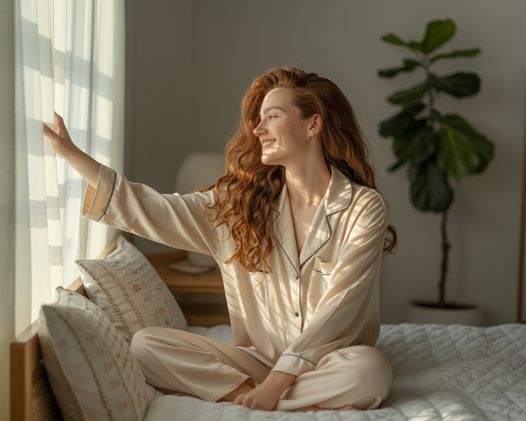 A smiling woman with long red hair sits in satin pajamas on her bed, stretching towards the morning light from a window, symbolizing feeling refreshed and well-rested.