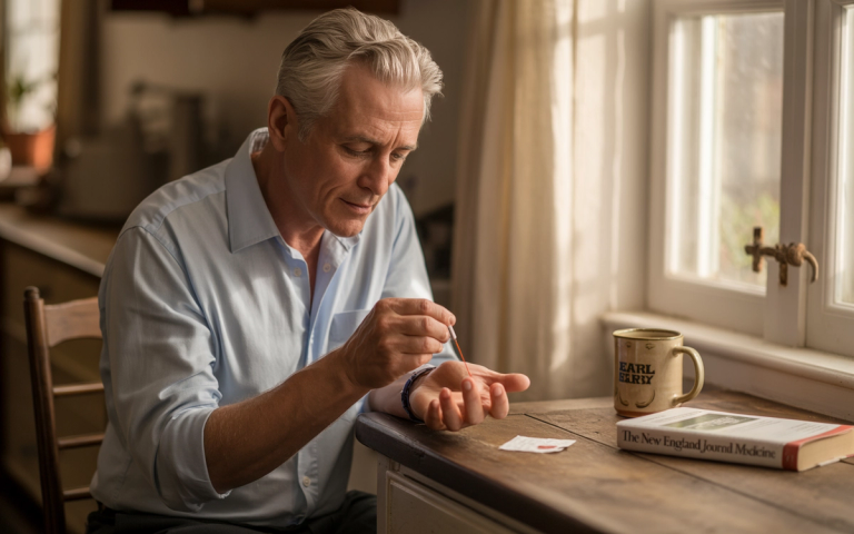 Man performing an at-home cholesterol test by providing a blood sample