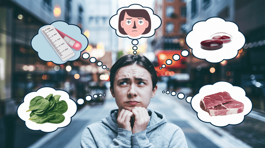 A woman on a street looks confused while surrounded by thought bubbles related to iron intake