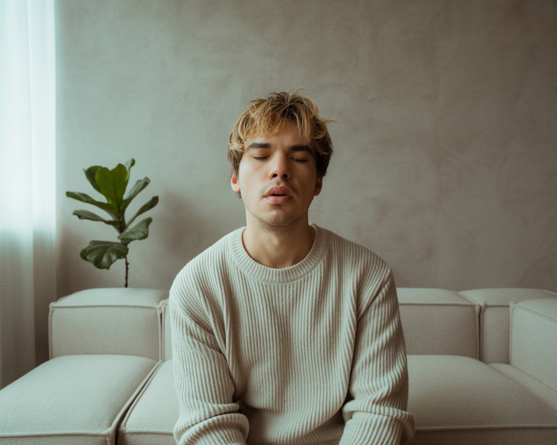A man with light hair sits calmly on a light sofa with eyes closed