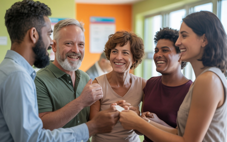 A group of adults smiling and laughing together, symbolizing the importance of support and open dialogue in health matters like HIV testing.