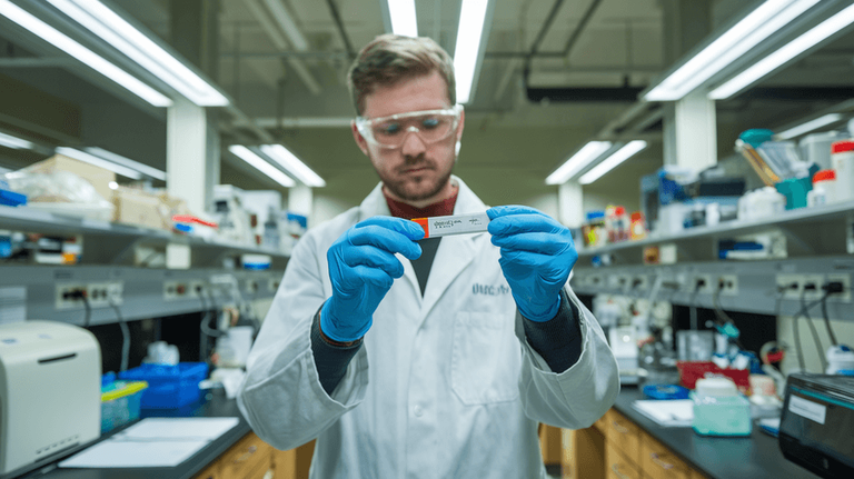 A scientist in a lab looks at a rapid self-test cassette in his hands