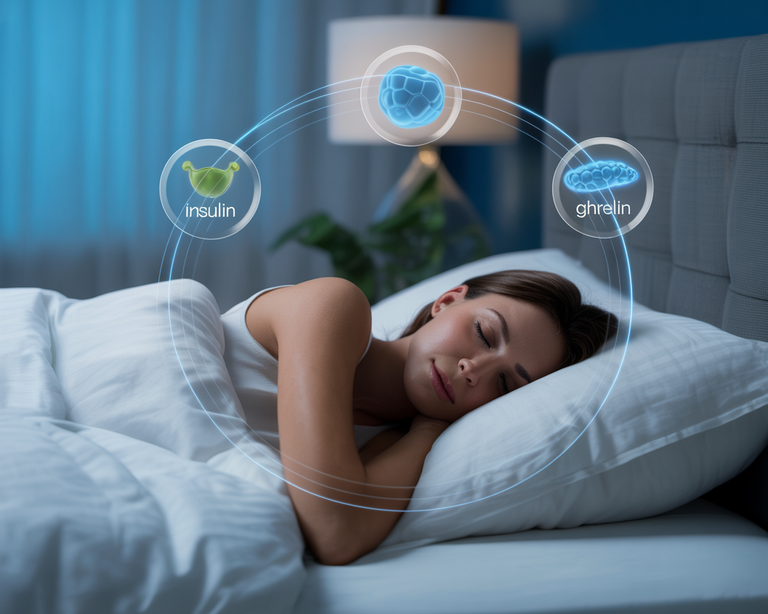 A woman sleeping peacefully in bed at night, with glowing abstract overlays illustrating hormones like insulin and ghrelin, symbolizing sleep's role in metabolic regulation.