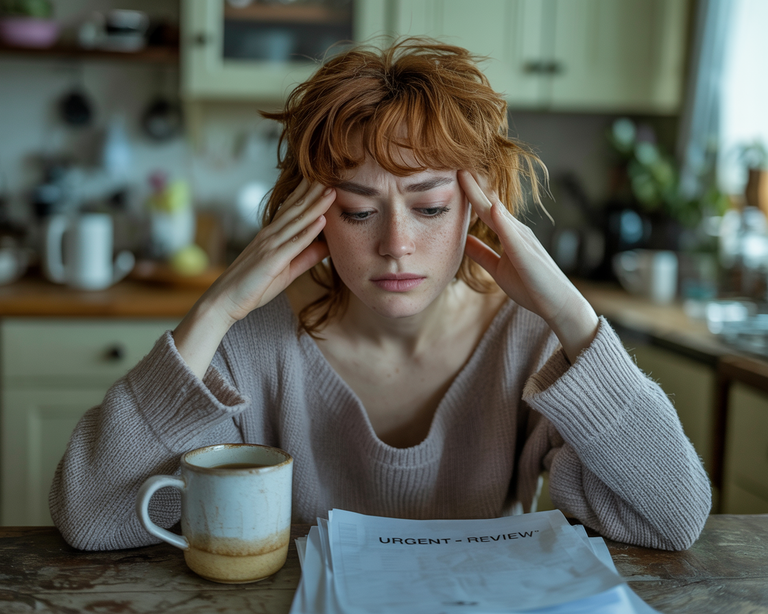 A woman with red hair sits at a kitchen table, looking stressed and overwhelmed with her hands on her temples.