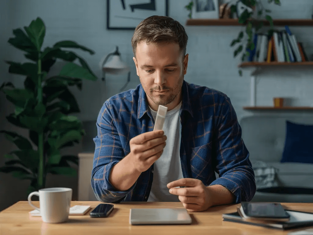 Man sitting at a table reading a health test result