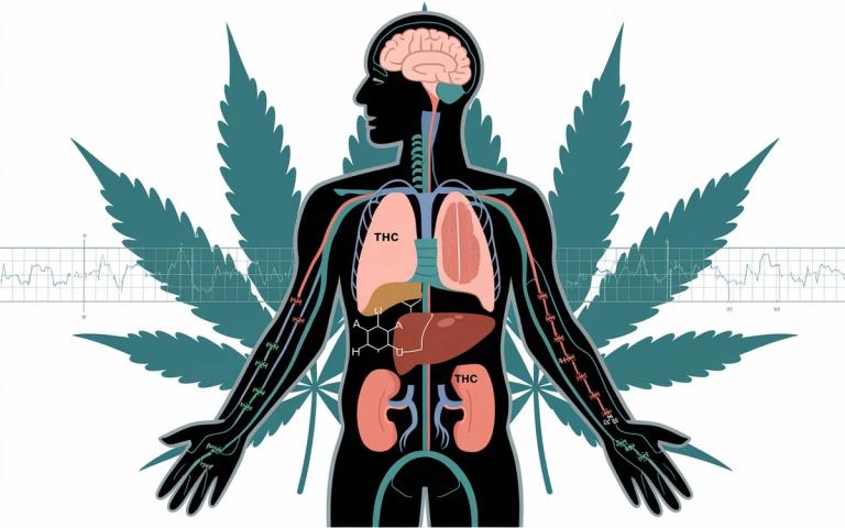 Illustration of a human body with highlighted organs showing THC presence, backed by cannabis leaves and medical waveform lines, representing how cannabis travels and is detected in the body.