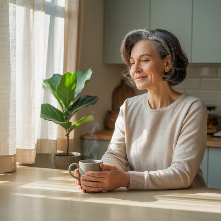 Woman sitting calmly at a table, drinking tea and enjoying a peaceful moment