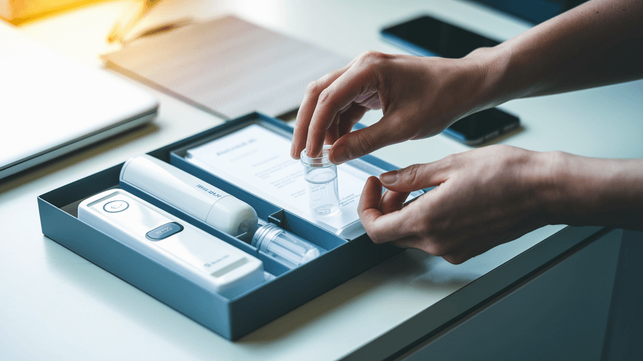 A rapid self-test kit sits on a desk as hands arrange its contents