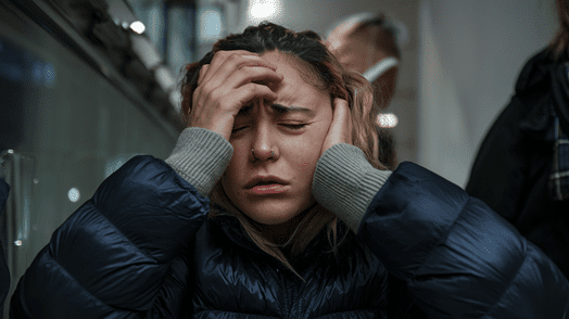 A tired woman sitting holding her head