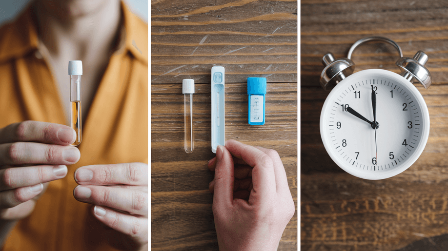 Across three images, a man holds a vial of liquid, a rapid test kit sits on a table, and an alarm clock shows the time