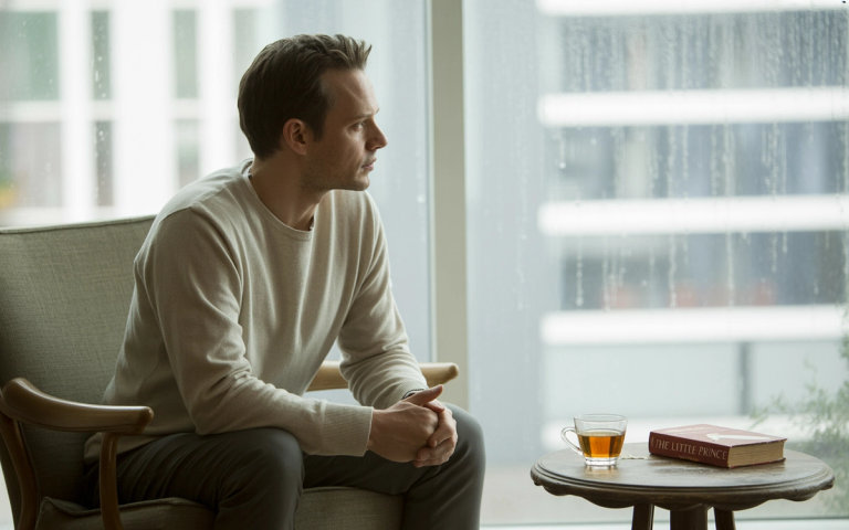 A man sits quietly in an armchair by a window, looking thoughtful, with a book and a cup on a nearby table, conveying a sense of privacy and contemplation for at-home HIV testing.