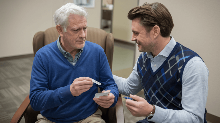 And older man discusses the results of his rapid self-test with a doctor