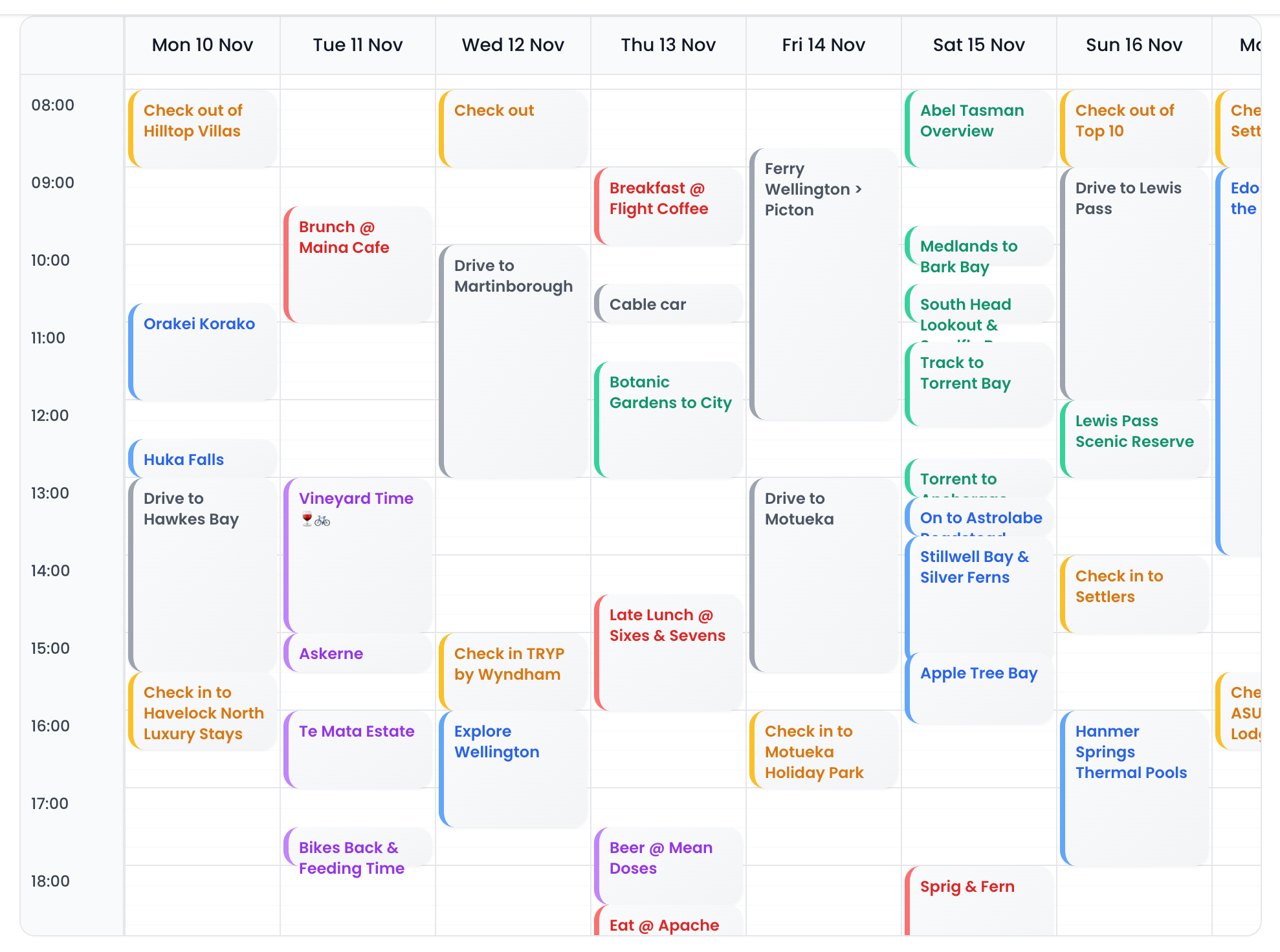 TripJuggler travel itinerary shown in calendar view, with a New Zealand road trip laid out day by day from Mon 10 to Sun 16 November, each day showing timed activities like Huka Falls, vineyard visits and the Wellington to Picton ferry.