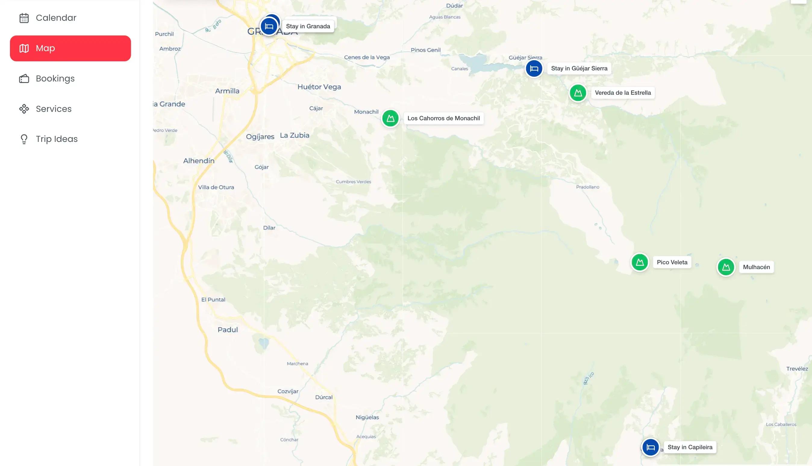 TripJuggler map pinning Los Cahorros de Monachil, Vereda de la Estrella, Pico Veleta and Mulhacén on a Sierra Nevada hiking itinerary