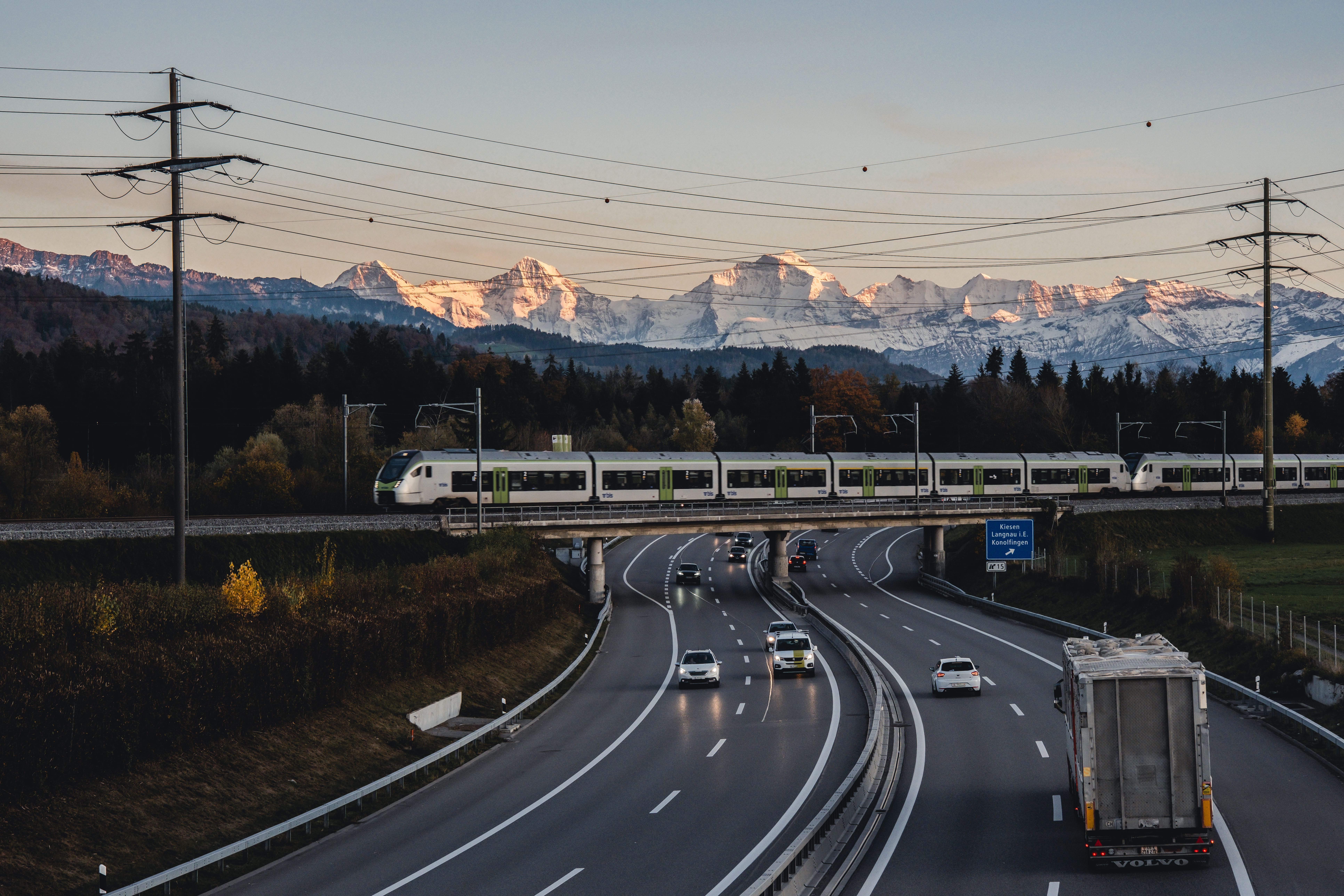 Swiss A6 motorway between Bern and Thun with the Eiger, Mönch and Jungfrau, where a vignette is required on a European road trip