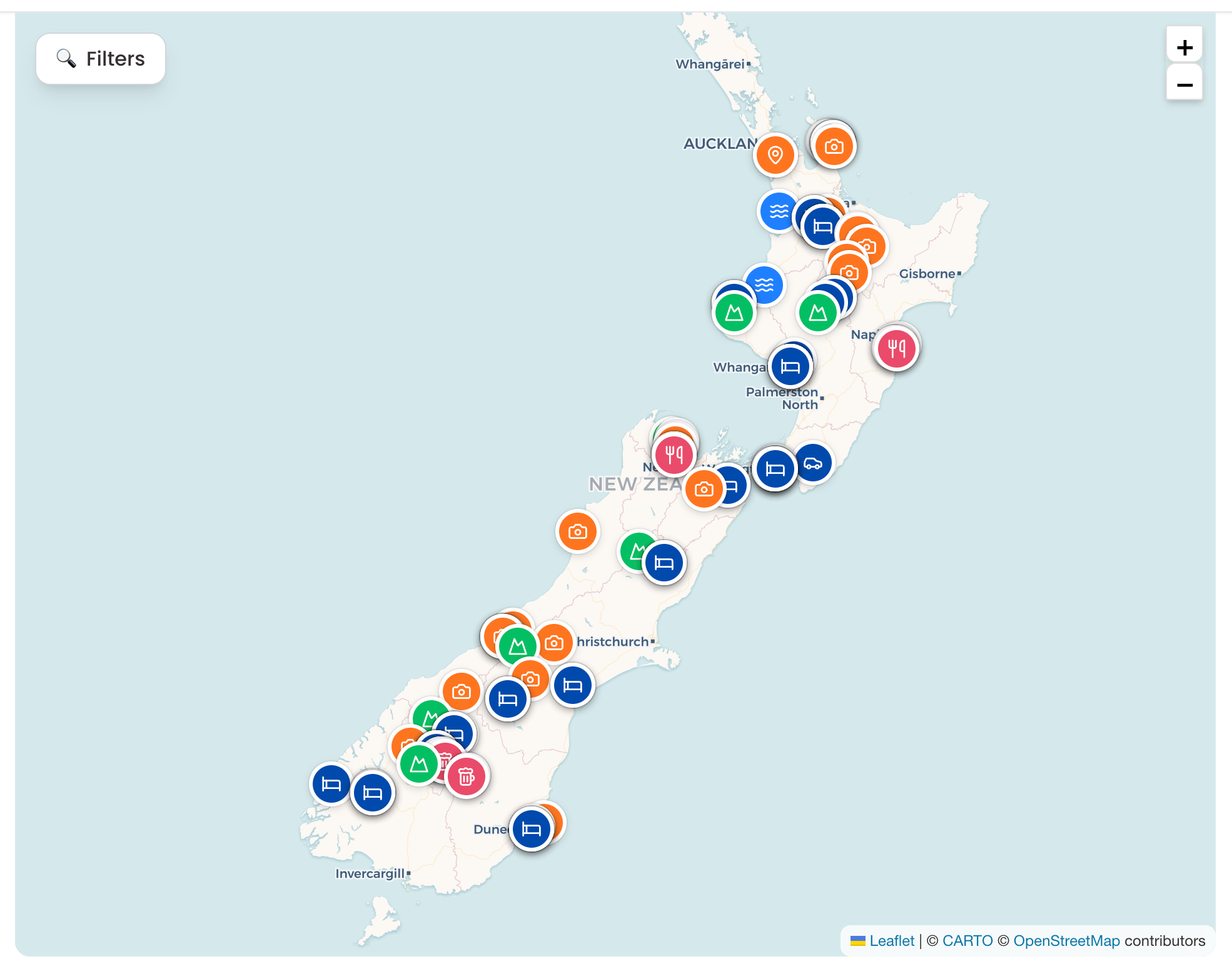 TripJuggler travel itinerary shown in map view, with every stop on a six-week New Zealand road trip pinned across the North and South Islands, colour-coded by type for accommodation, activities, food and viewpoints.