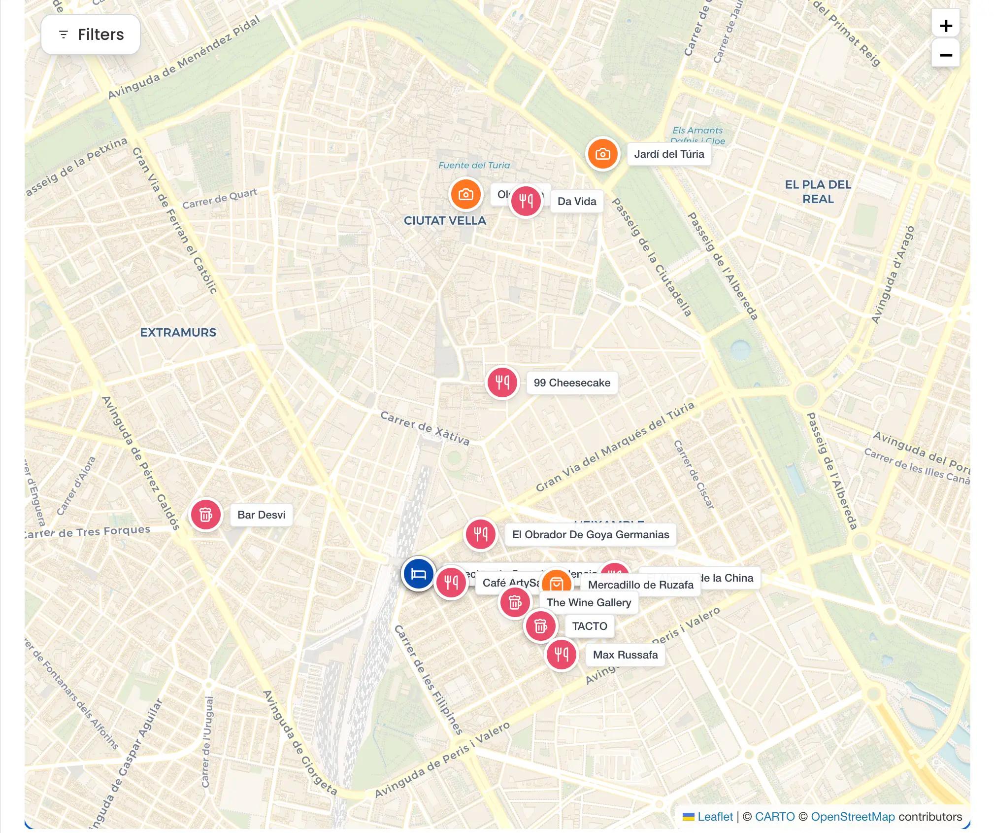 TripJuggler map view of a Valencia city break itinerary, with restaurants, sights and accommodation pinned across the city centre