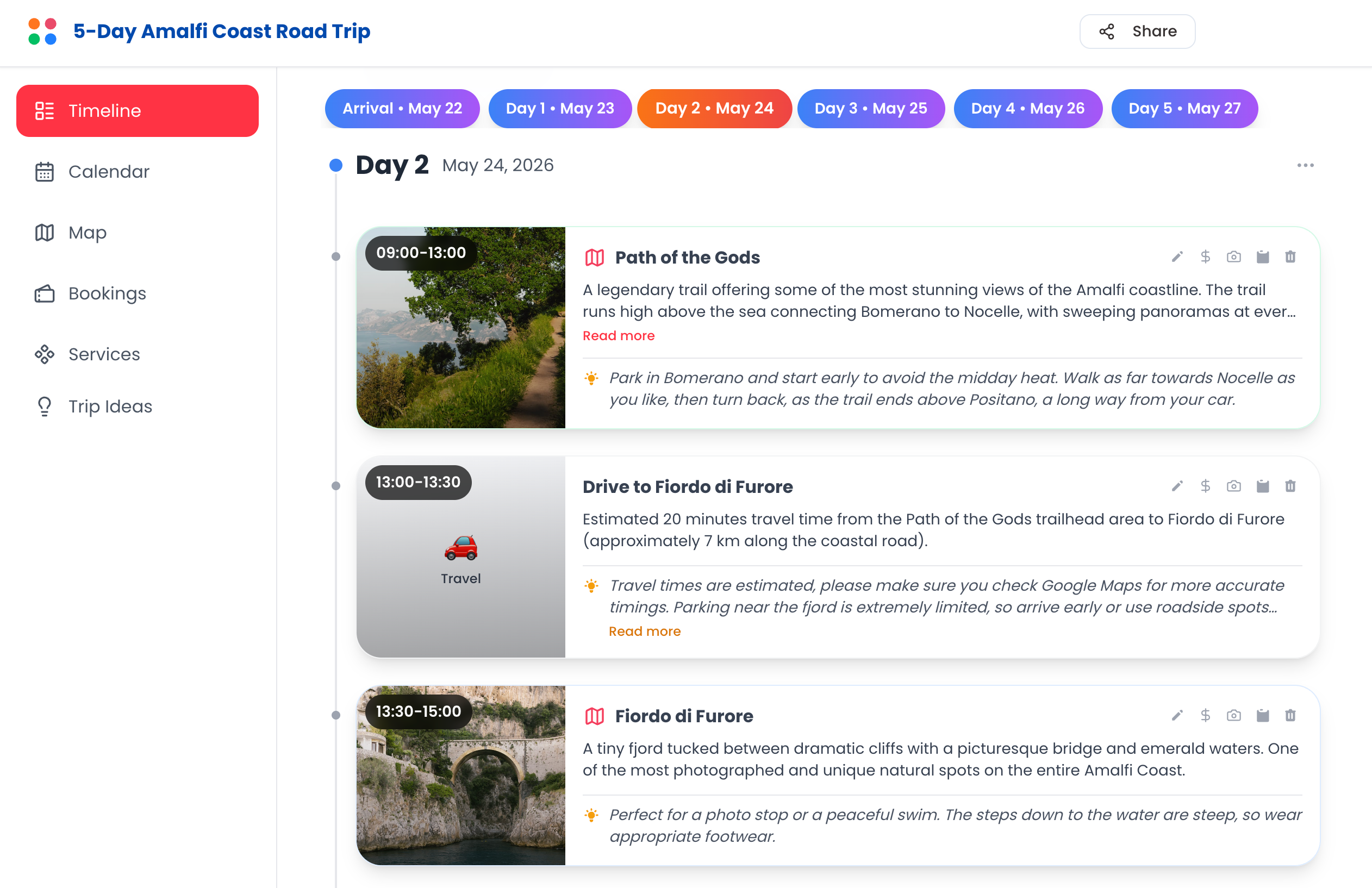 TripJuggler European road trip travel planner with a day-by-day itinerary on the Amalfi Coast in Italy
