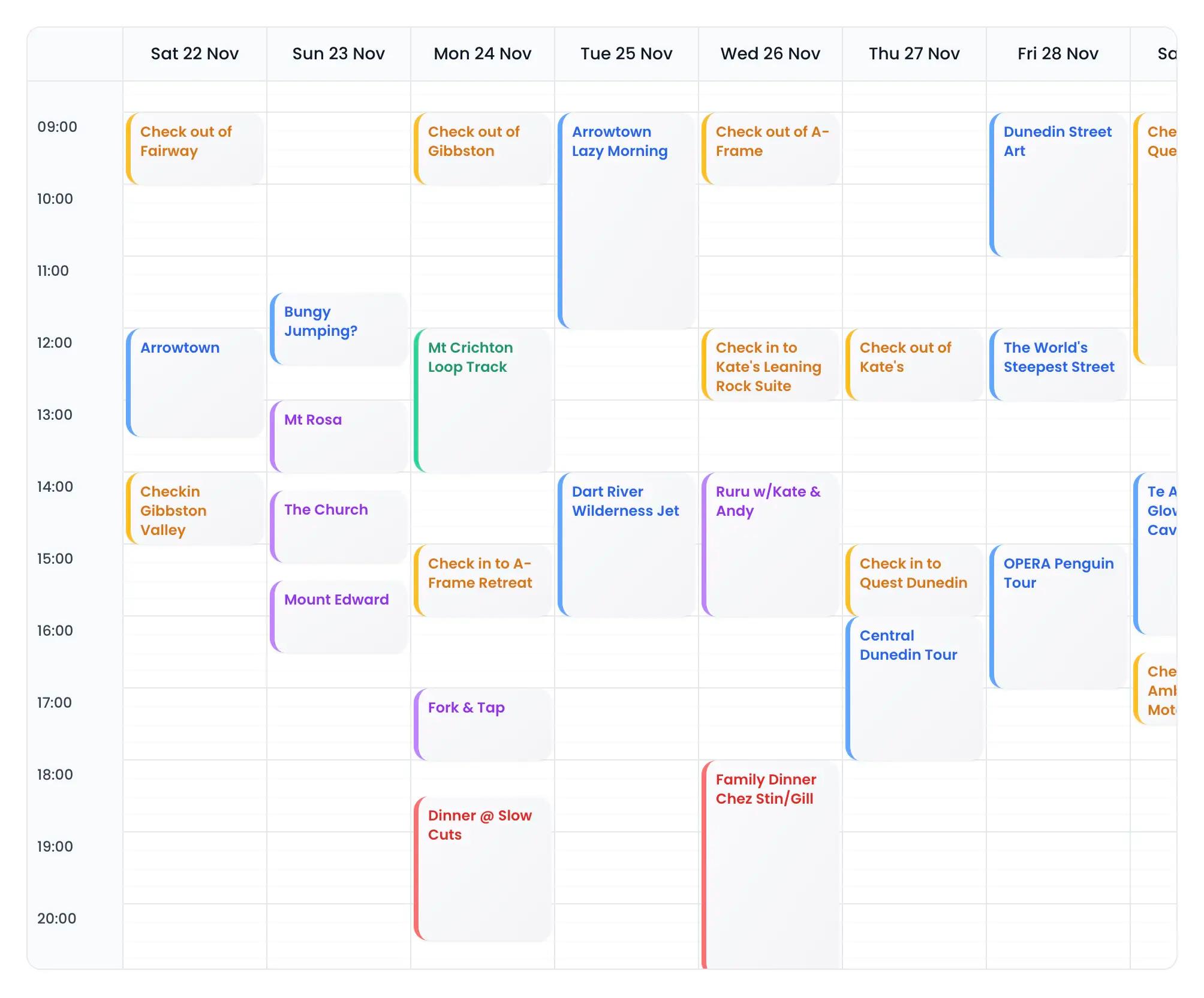 TripJuggler calendar view of a balanced road trip itinerary showing timed activities across days 7 to 13 with gaps left between them to rest or explore