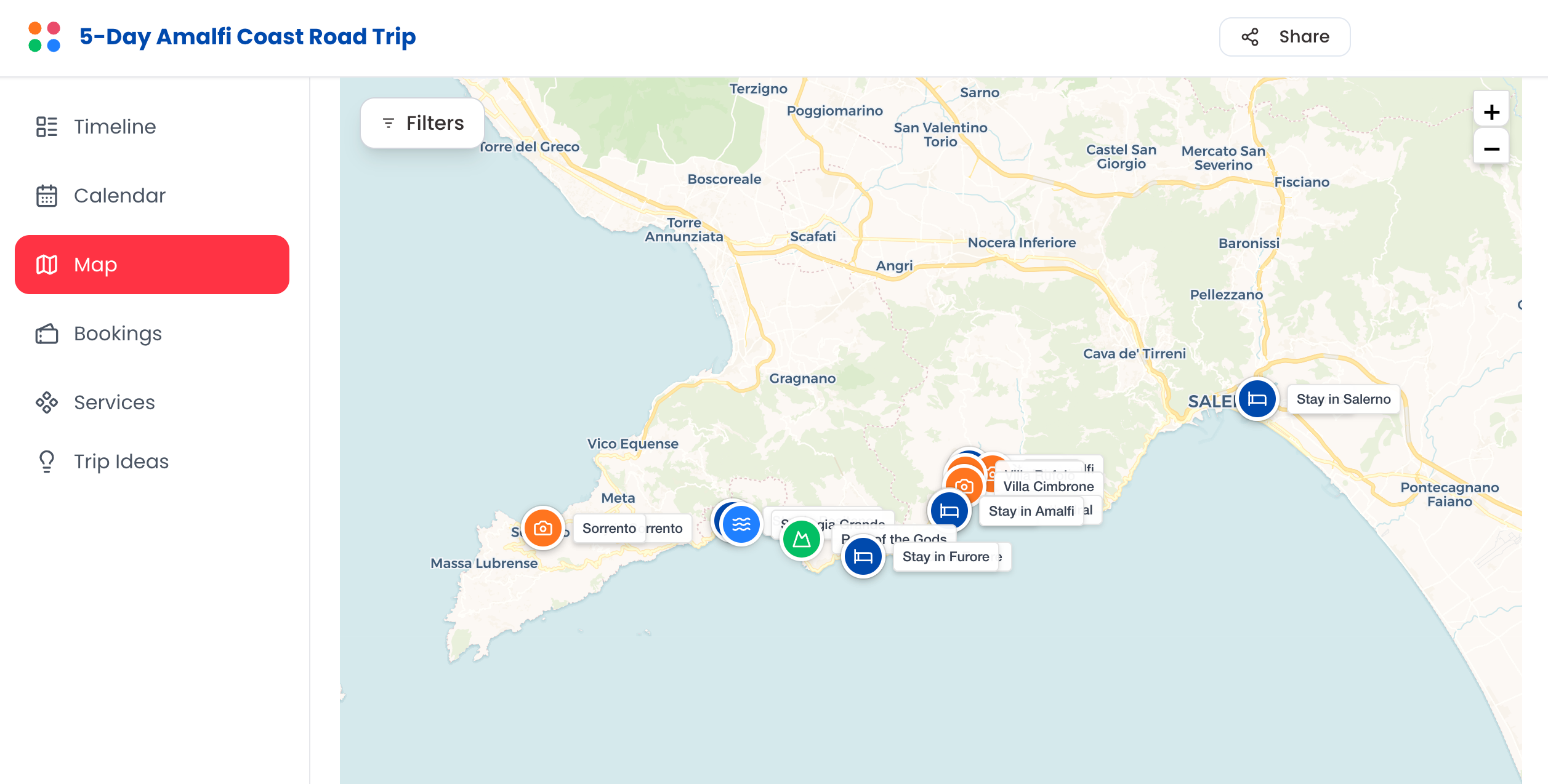 TripJuggler map view of a European road trip along the Amalfi Coast from Sorrento to Salerno