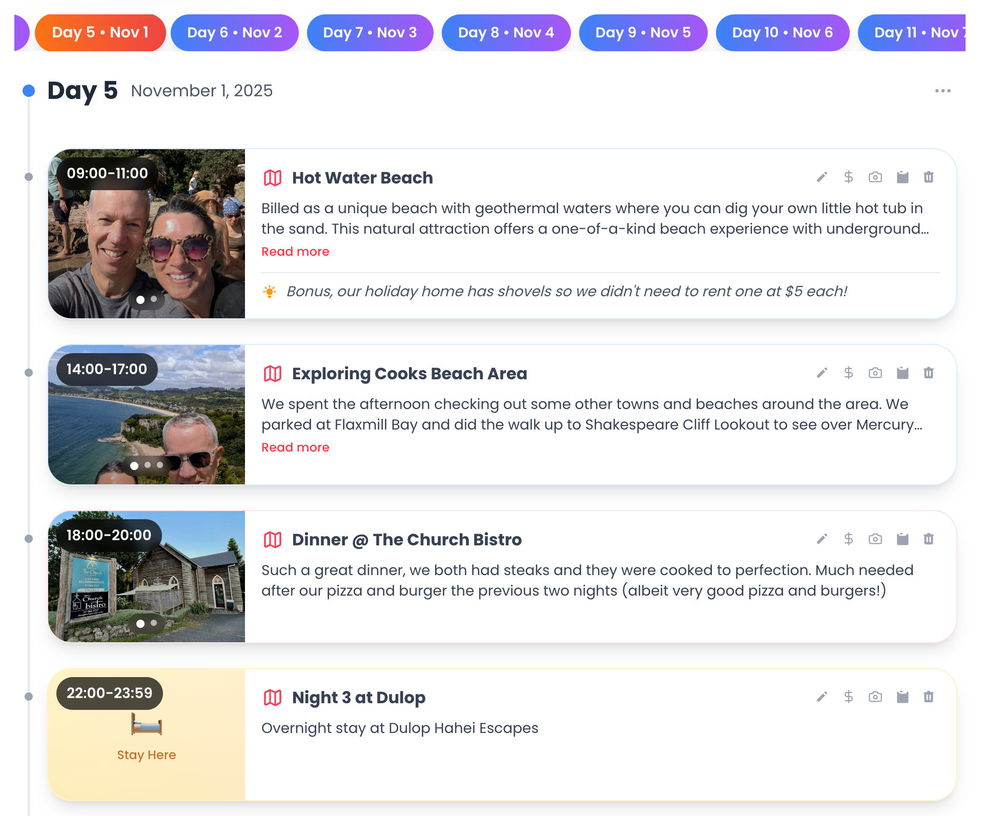TripJuggler travel itinerary shown as a single day, Day 5 of a New Zealand trip, listing timed activities from Hot Water Beach in the morning to dinner at The Church Bistro and an overnight stay, each with photos, notes and time slots.